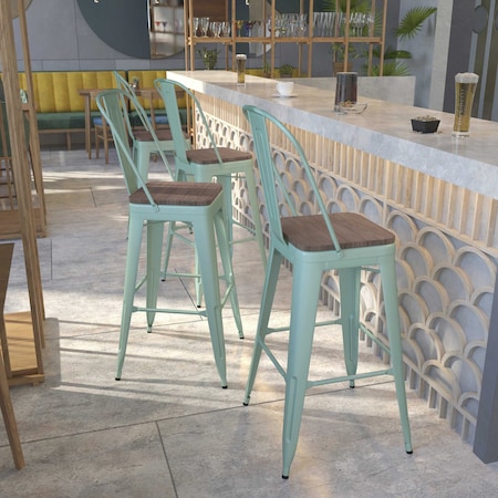Flash Furniture Mint Green Metal Barstool with Back and Wood Seat, 30" High, PK4 4-ET-3534-30-MINT-WD-GG